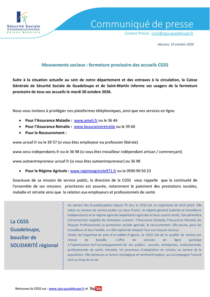 Fermeture provisoire du mardi 20 octobre 2026