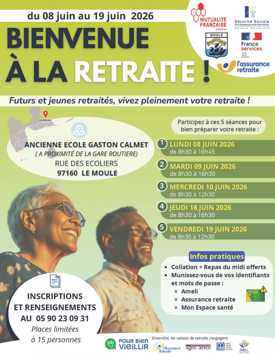 Affiche Ateliers Bienvenue à la Retraite du 08 au 19 juin au Moule